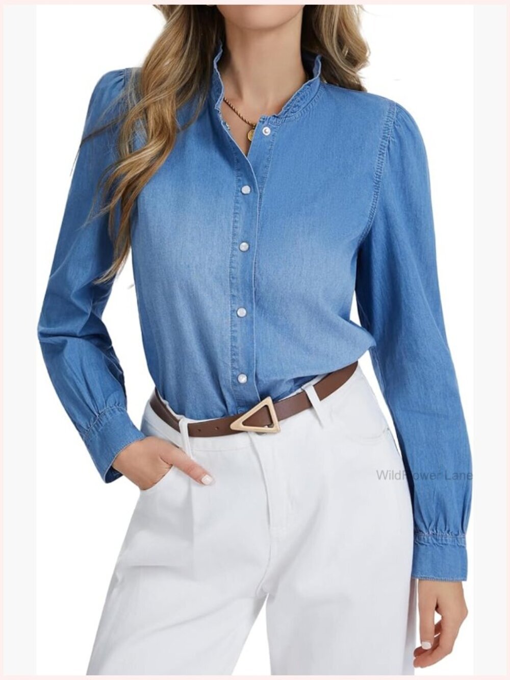 Ruffle Neck Denim Shirt Puff Sleeve Button Down Top Casual Work Blouse
